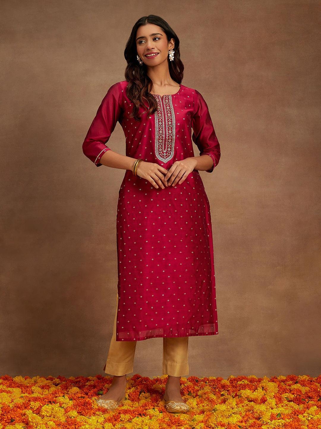 Fuchsia Chanderi Silk Woven Design Kurta - Libas