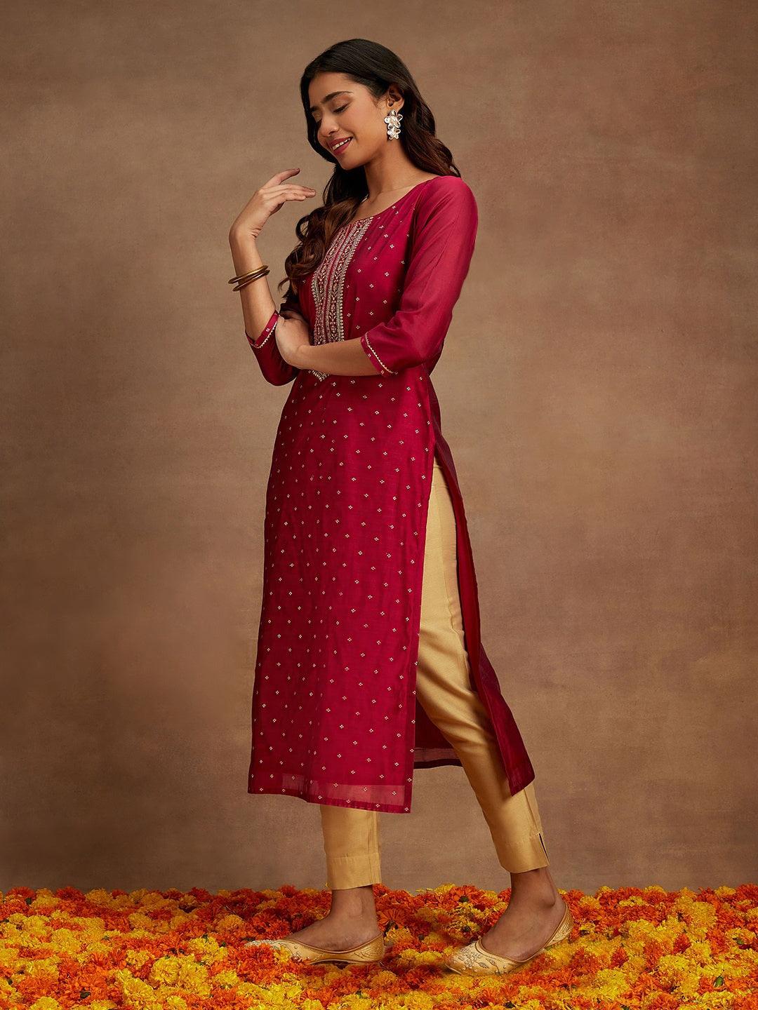 Fuchsia Chanderi Silk Woven Design Kurta - Libas