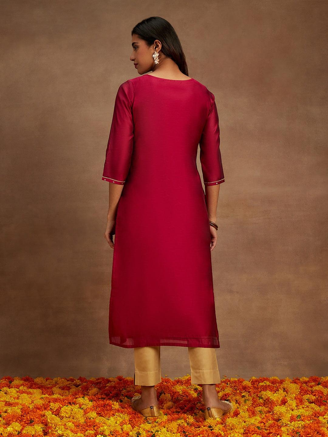 Fuchsia Chanderi Silk Woven Design Kurta - Libas