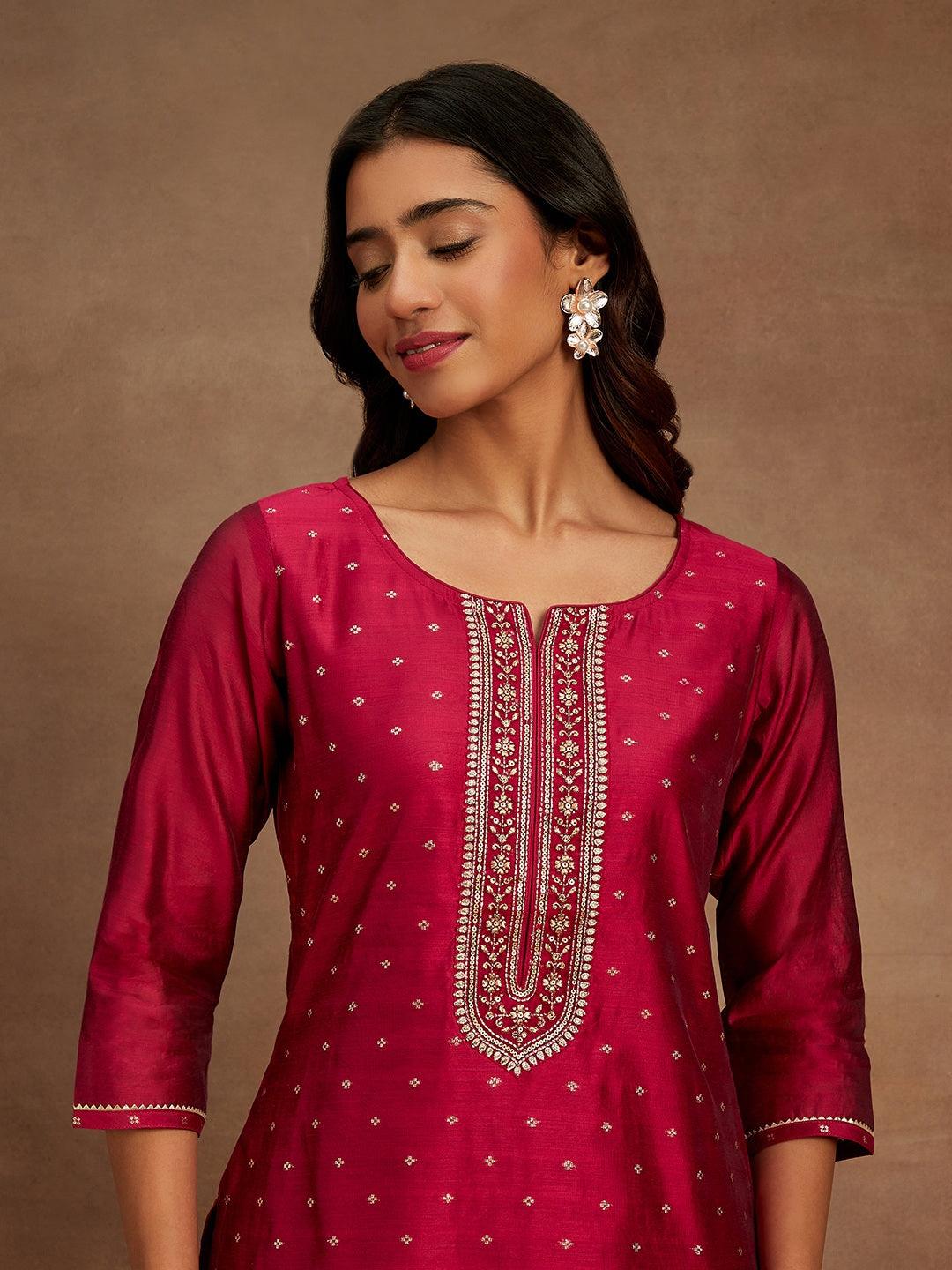 Fuchsia Chanderi Silk Woven Design Kurta - Libas