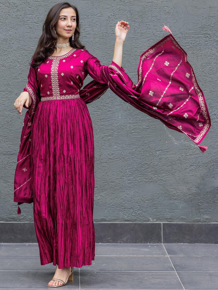 Fuchsia Embroidered Silk Blend Anarkali Kurta With Trousers & Dupatta - Libas