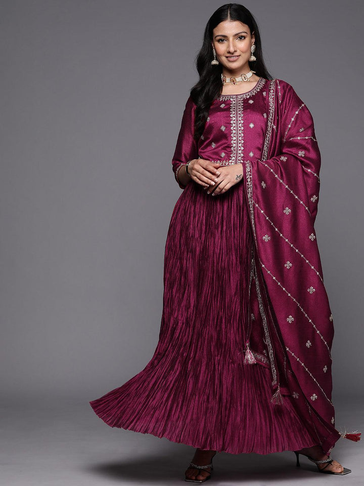 Fuchsia Embroidered Silk Blend Anarkali Suit Set With Trousers - Libas