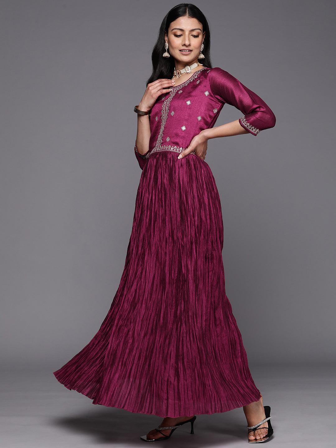 Fuchsia Embroidered Silk Blend Anarkali Suit Set With Trousers - Libas