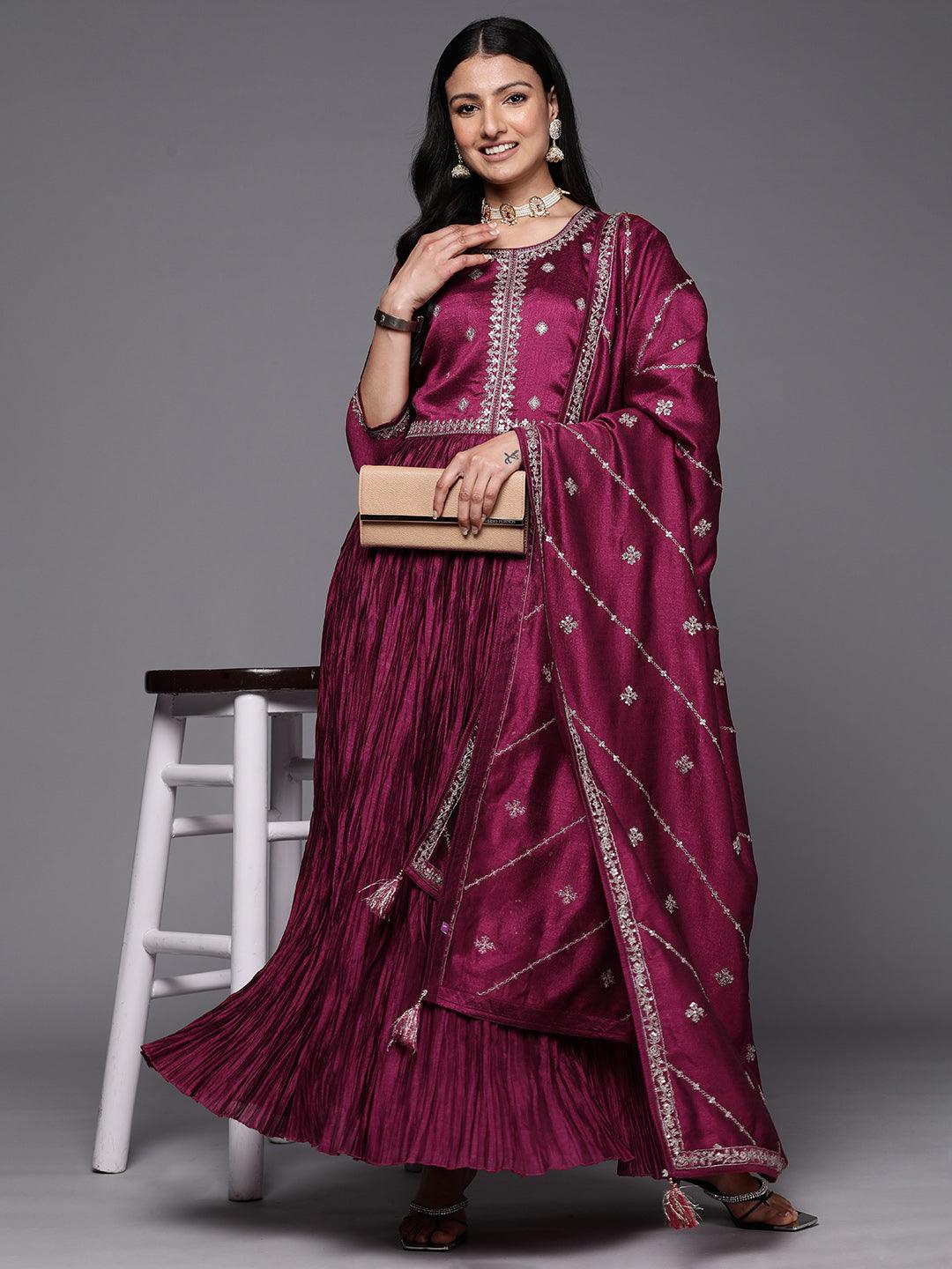 Fuchsia Embroidered Silk Blend Anarkali Suit Set With Trousers - Libas