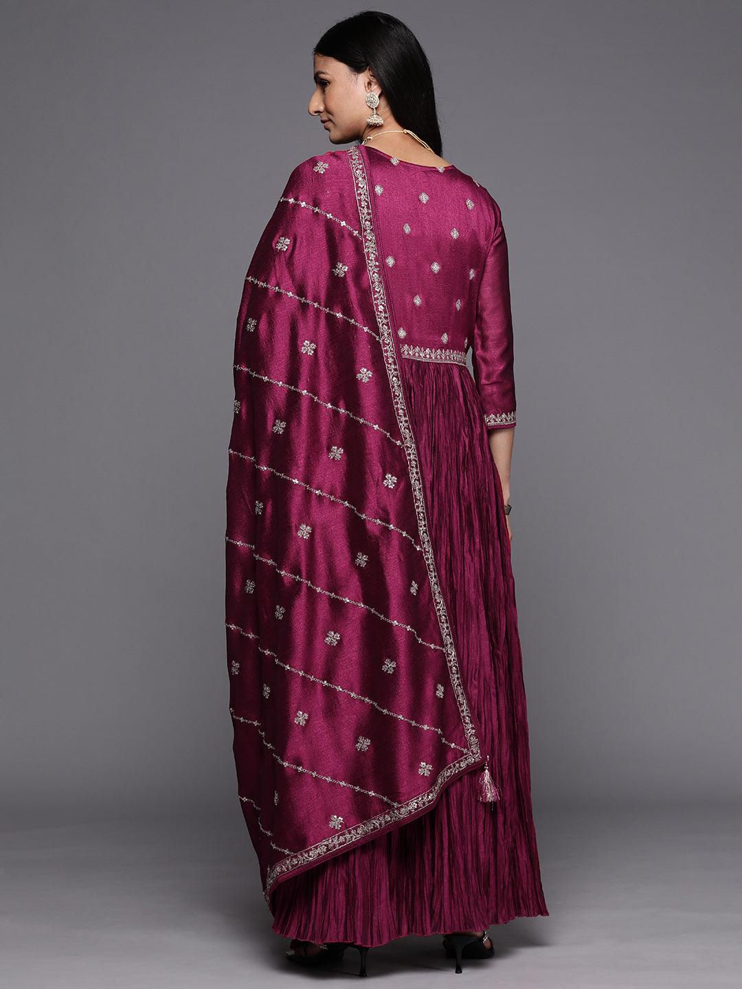 Fuchsia Embroidered Silk Blend Anarkali Kurta With Trousers & Dupatta