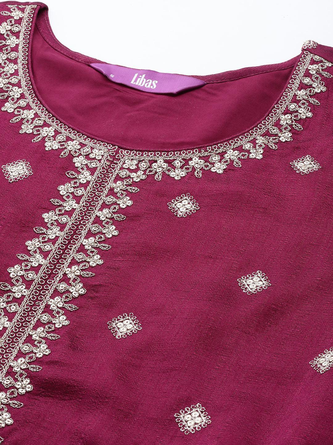 Fuchsia Embroidered Silk Blend Anarkali Kurta With Trousers & Dupatta