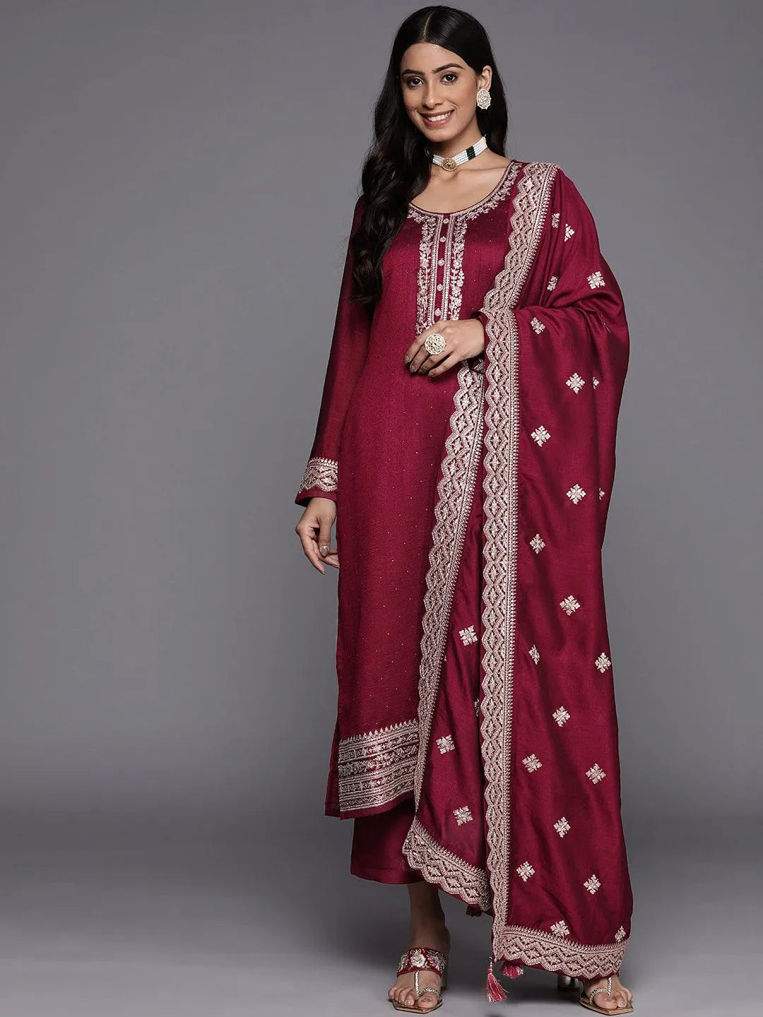 Fuchsia Embroidered Silk Blend Straight Suit Set - Libas 