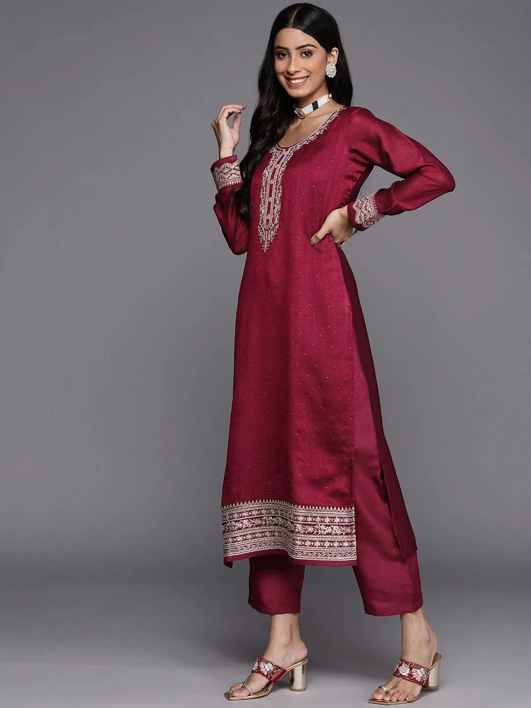 Fuchsia Embroidered Silk Blend Straight Suit Set - Libas