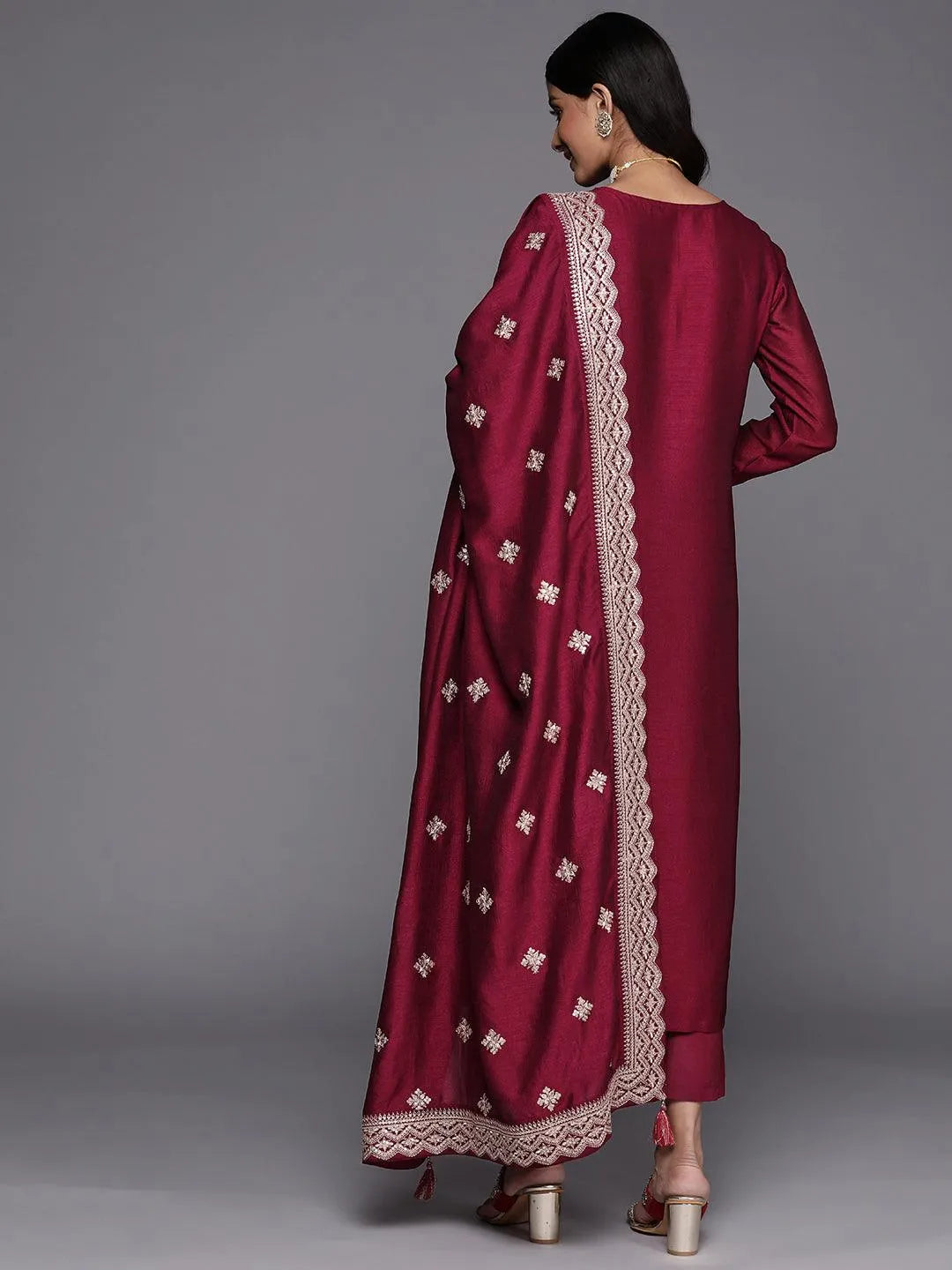 Fuchsia Embroidered Silk Blend Straight Suit Set - Libas 