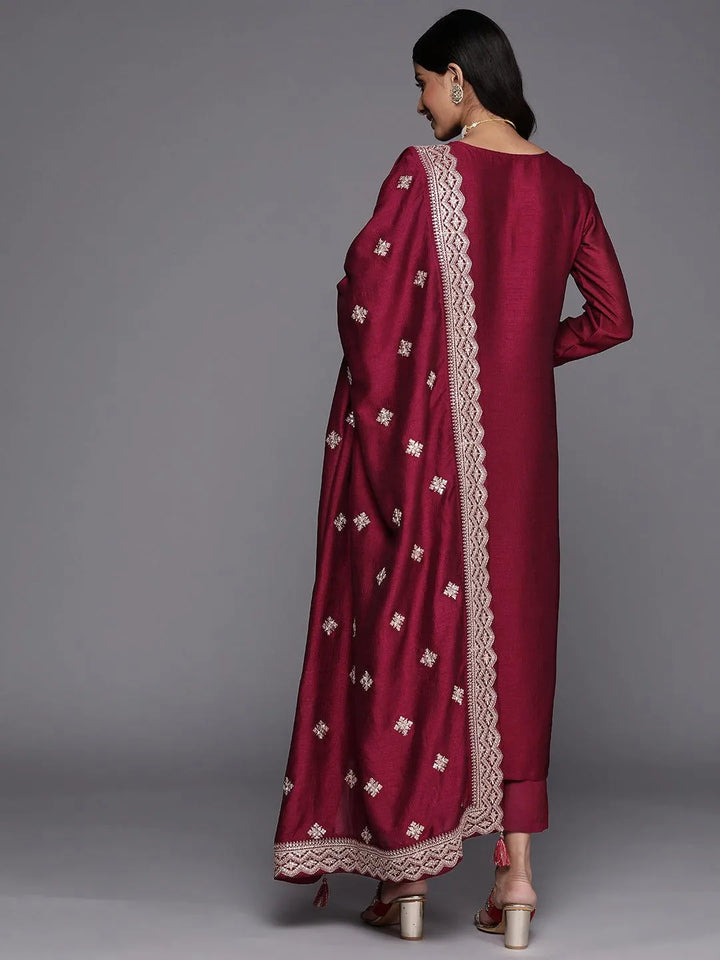 Fuchsia Embroidered Silk Blend Straight Suit Set - Libas