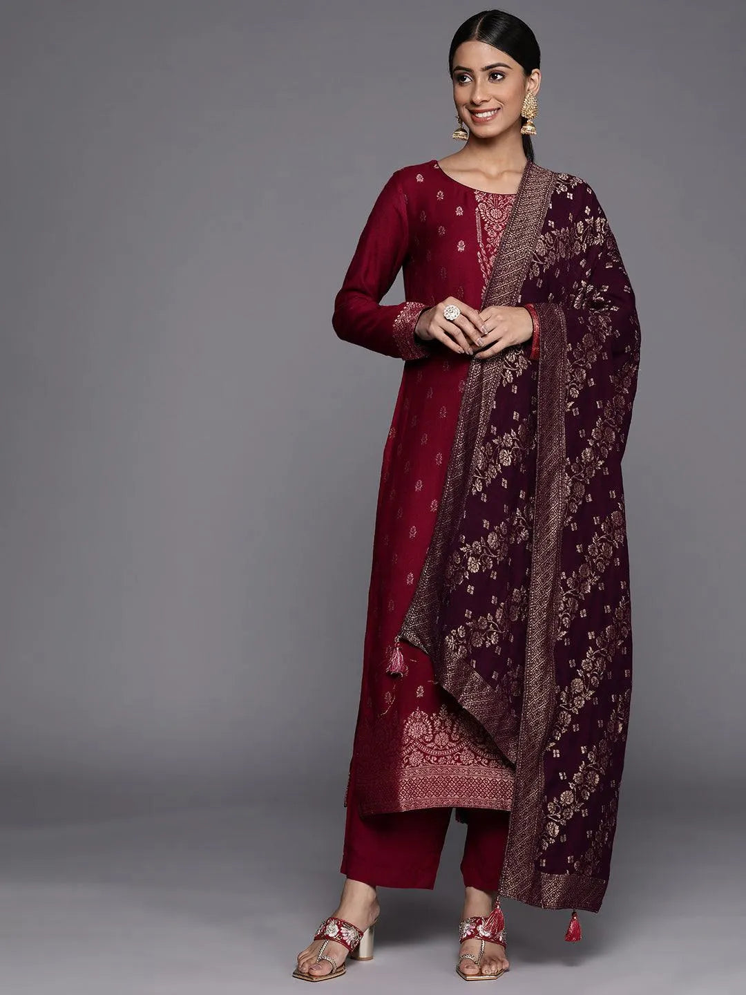 Fuchsia Self Design Pashmina Wool Straight Suit Set - Libas