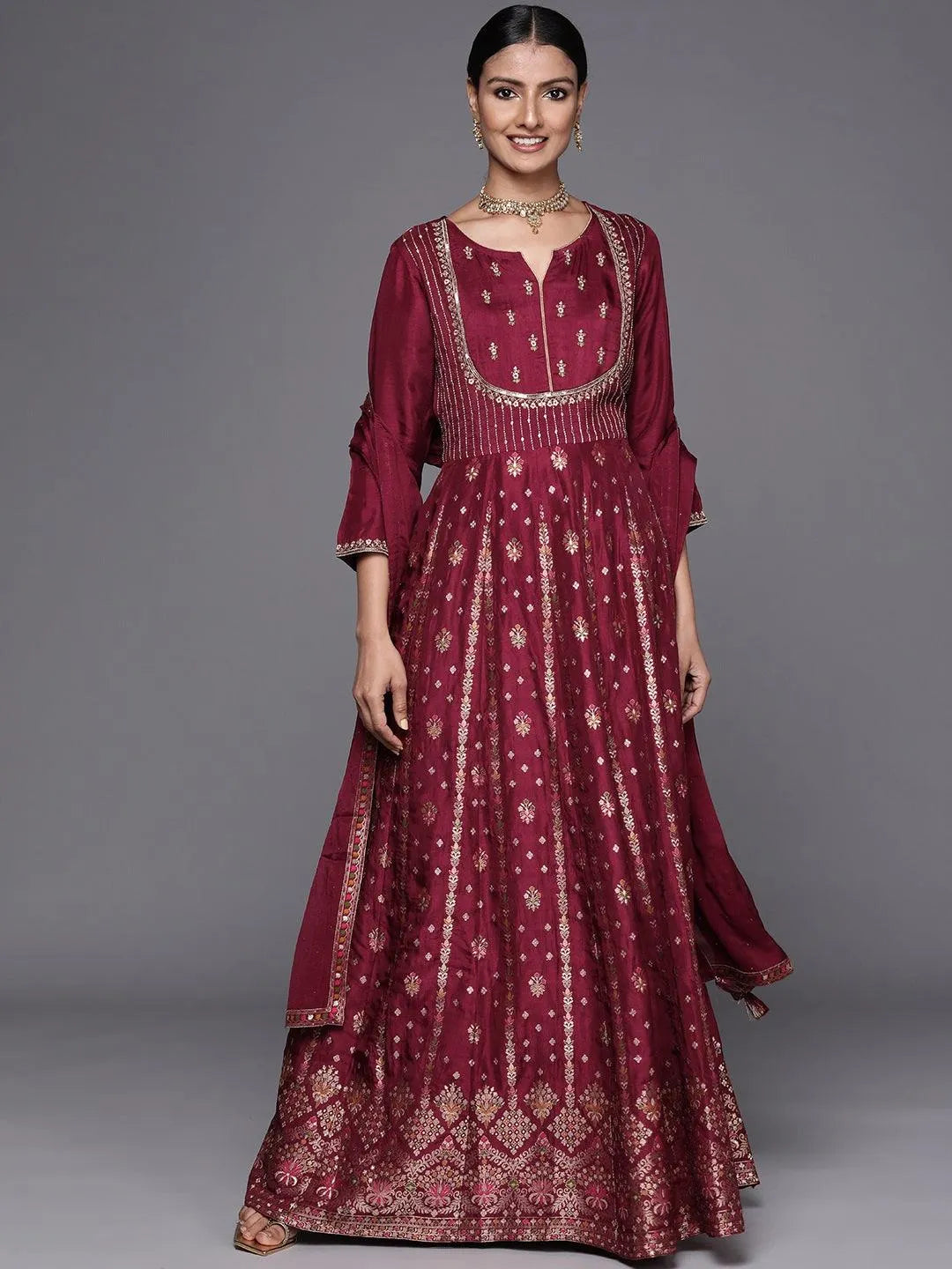 Fuchsia Self Design Silk Anarkali Suit Set - Libas 