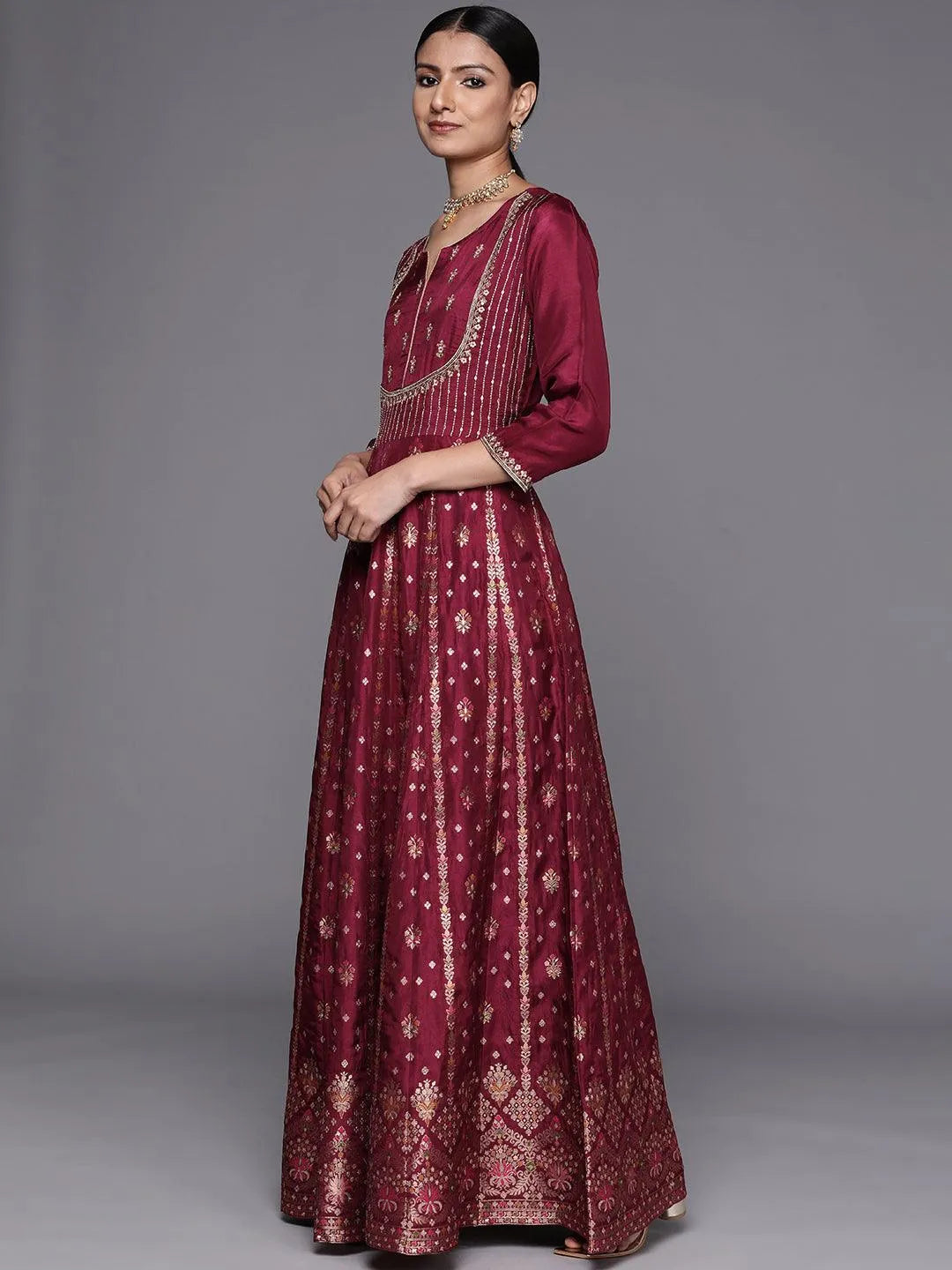 Fuchsia Self Design Silk Anarkali Suit Set - Libas 