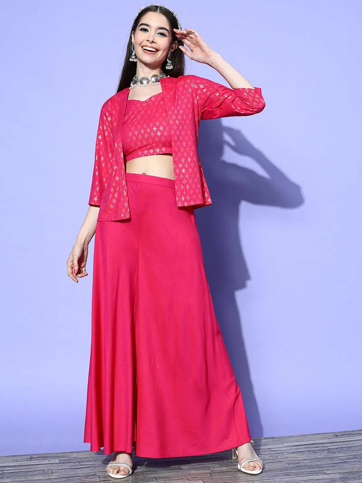 Fuchsia Self Design Silk Blend Top With Palazzos & Jacket - Libas