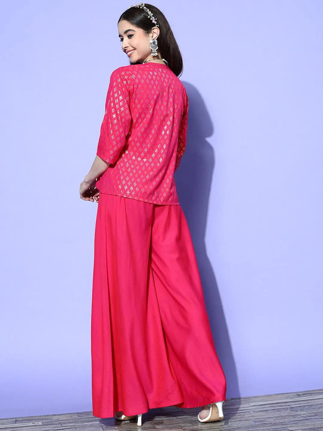 Fuchsia Self Design Silk Blend Top With Palazzos & Jacket - Libas