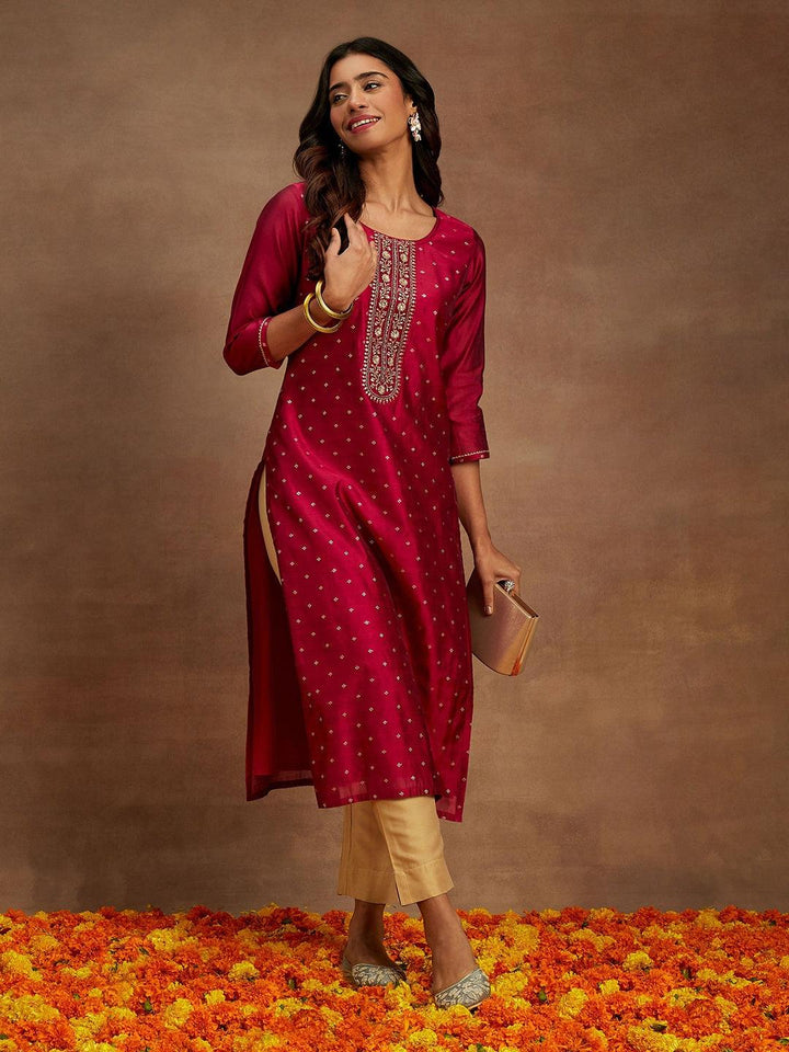 Fuchsia Woven Design Chanderi Silk Straight Kurta - Libas