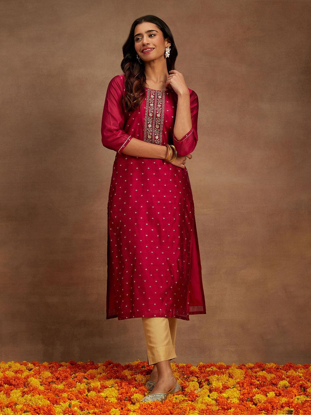 Fuchsia Woven Design Chanderi Silk Straight Kurta - Libas