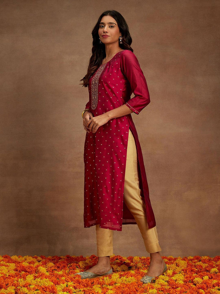 Fuchsia Woven Design Chanderi Silk Straight Kurta - Libas