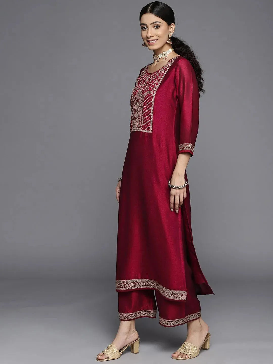 Fuchsia Yoke Design Silk Kurta - Libas 