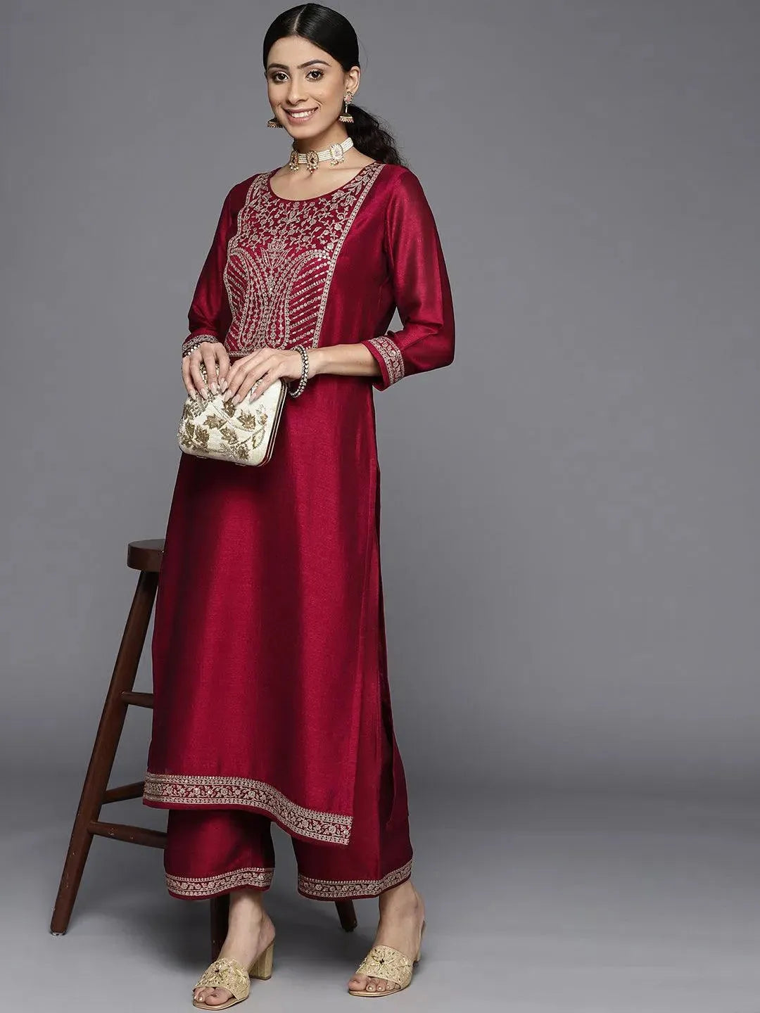 Fuchsia Yoke Design Silk Kurta - Libas 