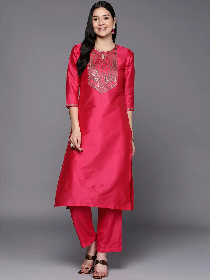 Fuchsia Yoke Design Silk Straight Kurta - Libas