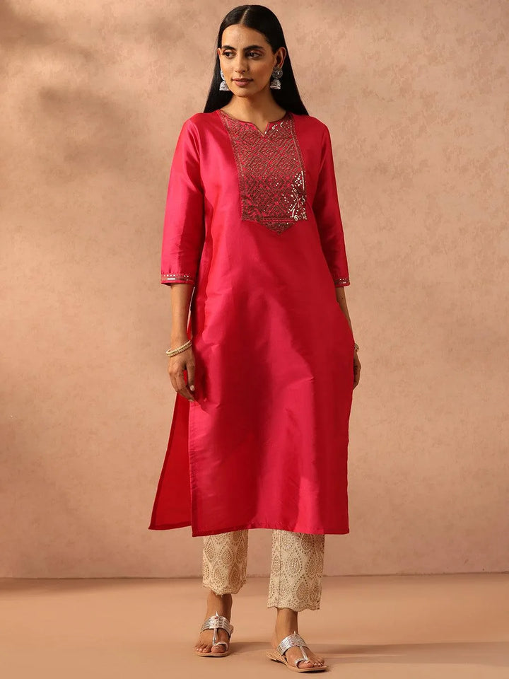 Fuchsia Yoke Design Silk Straight Kurta - Libas