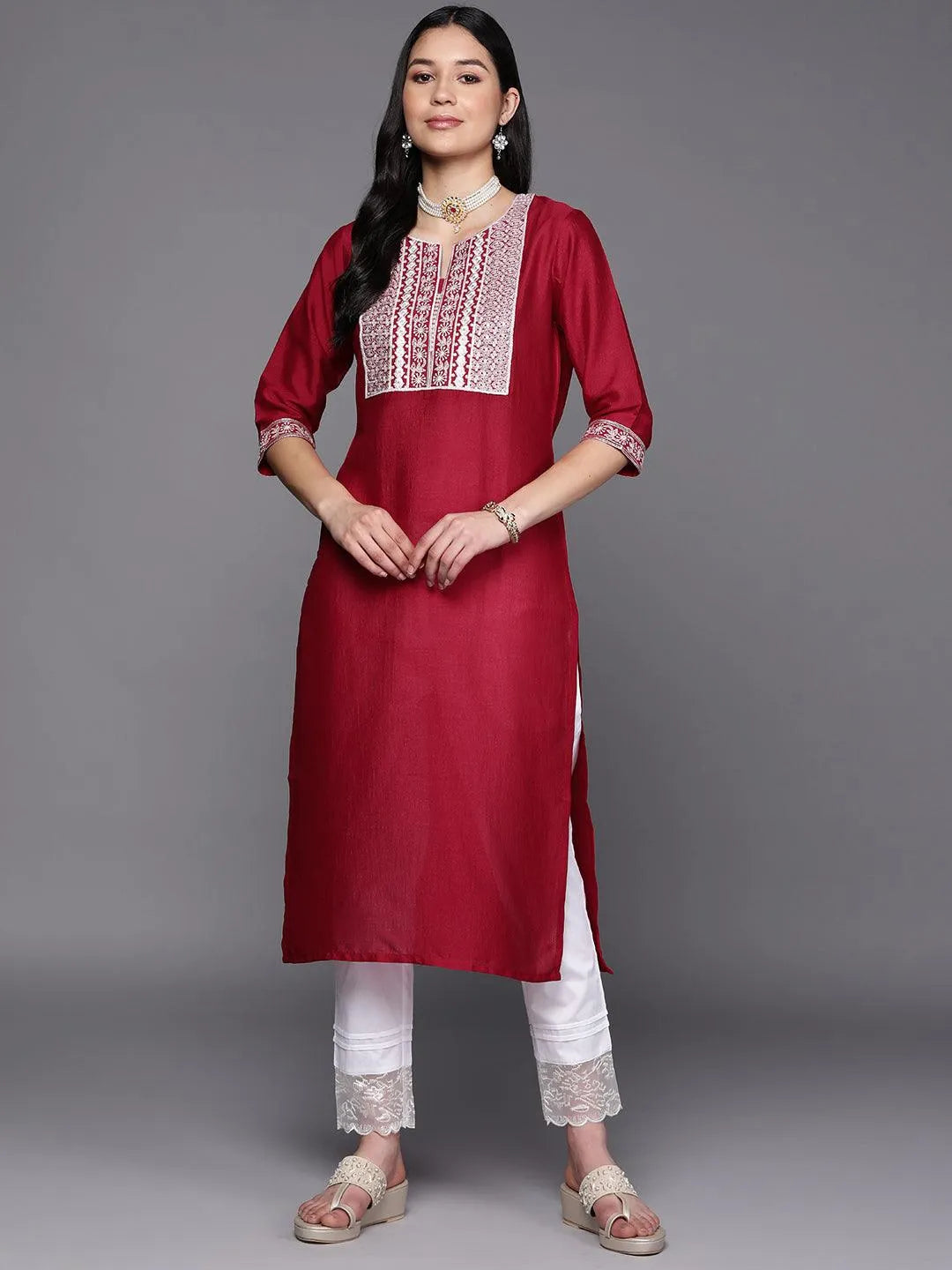 Fuchsia Yoke Design Silk Straight Kurta - Libas 