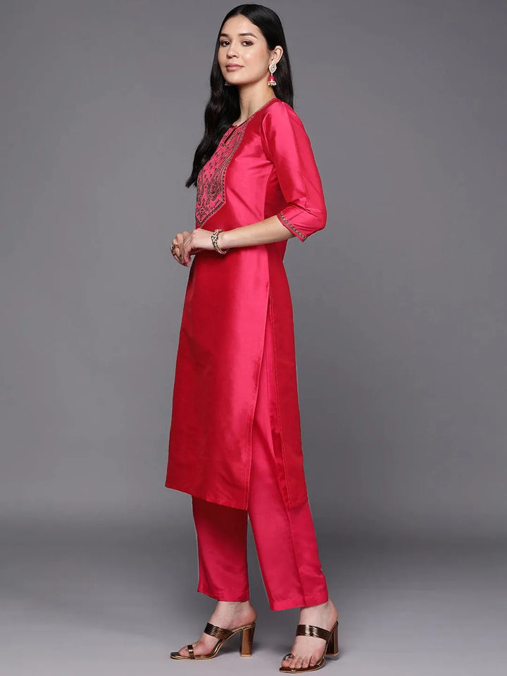 Fuchsia Yoke Design Silk Straight Kurta - Libas