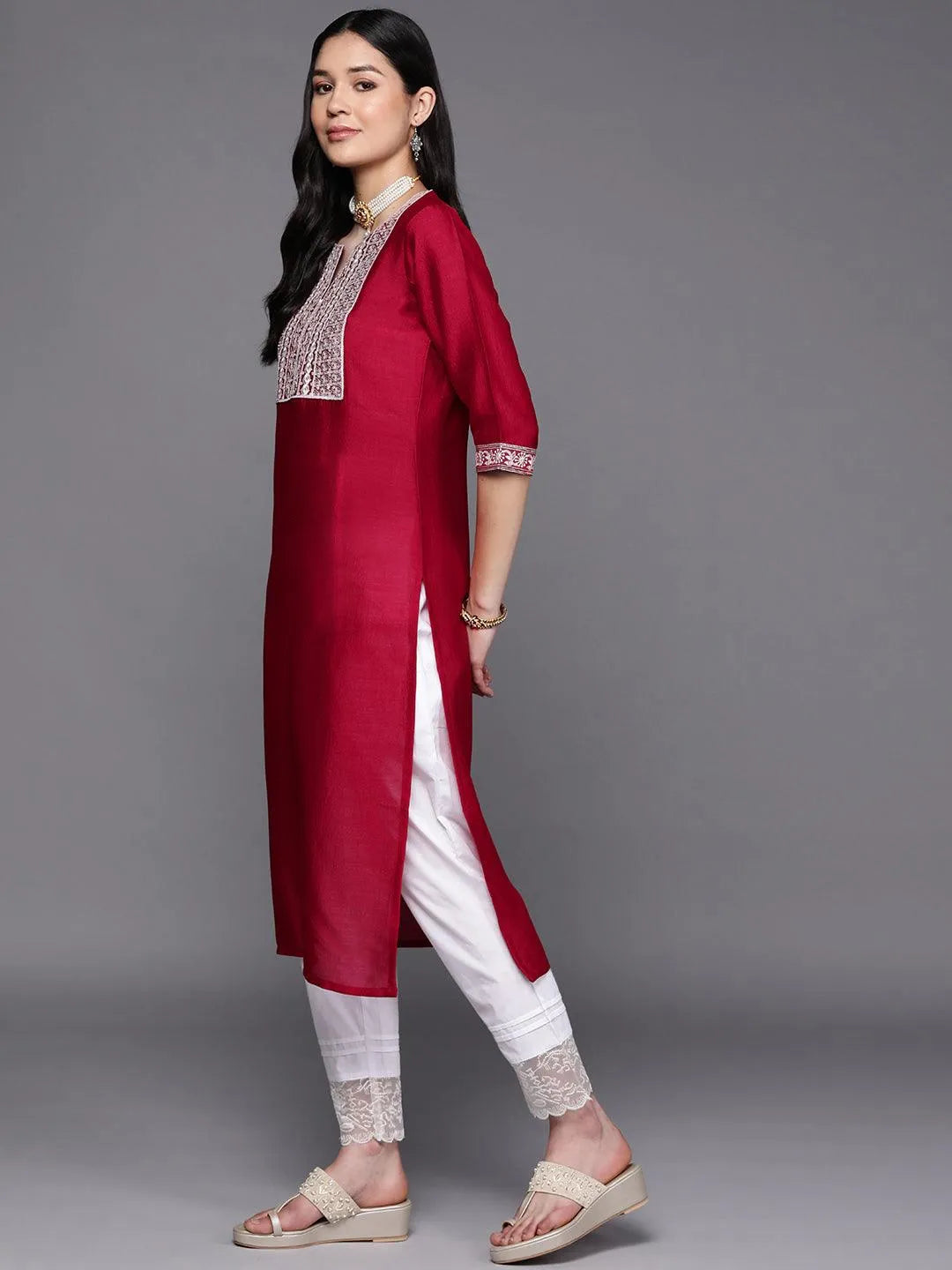 Fuchsia Yoke Design Silk Straight Kurta - Libas 