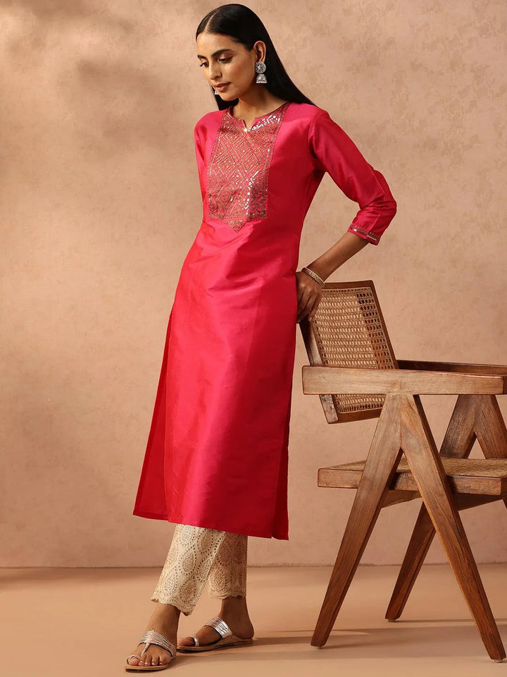 Fuchsia Yoke Design Silk Straight Kurta - Libas