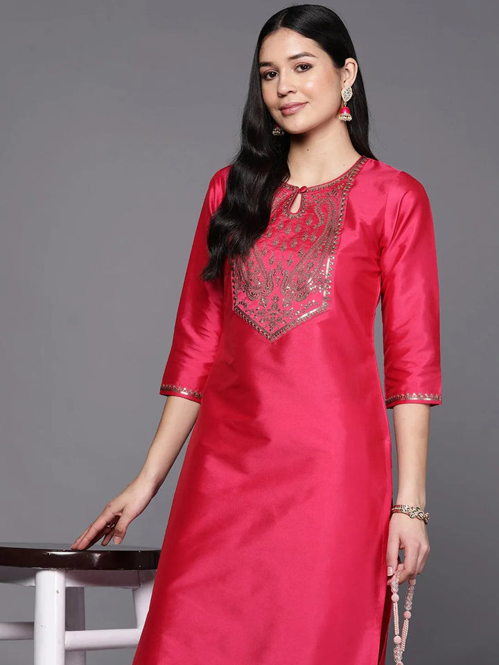 Fuchsia Yoke Design Silk Straight Kurta - Libas