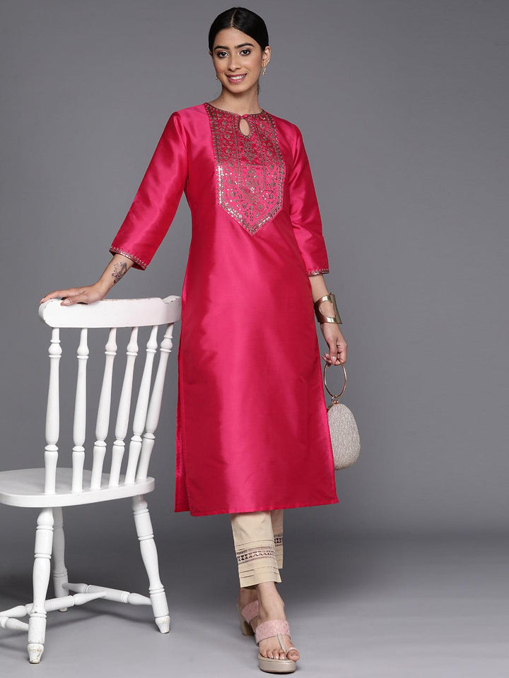 Fuchsia Yoke Design Silk Straight Kurta - Libas