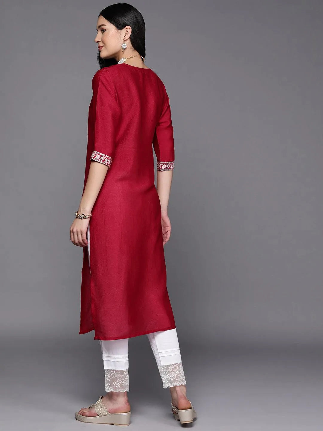 Fuchsia Yoke Design Silk Straight Kurta - Libas 