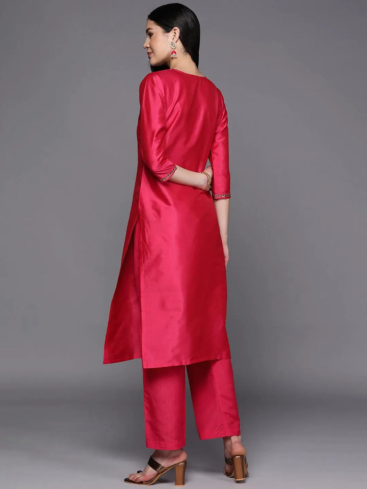 Fuchsia Yoke Design Silk Straight Kurta - Libas