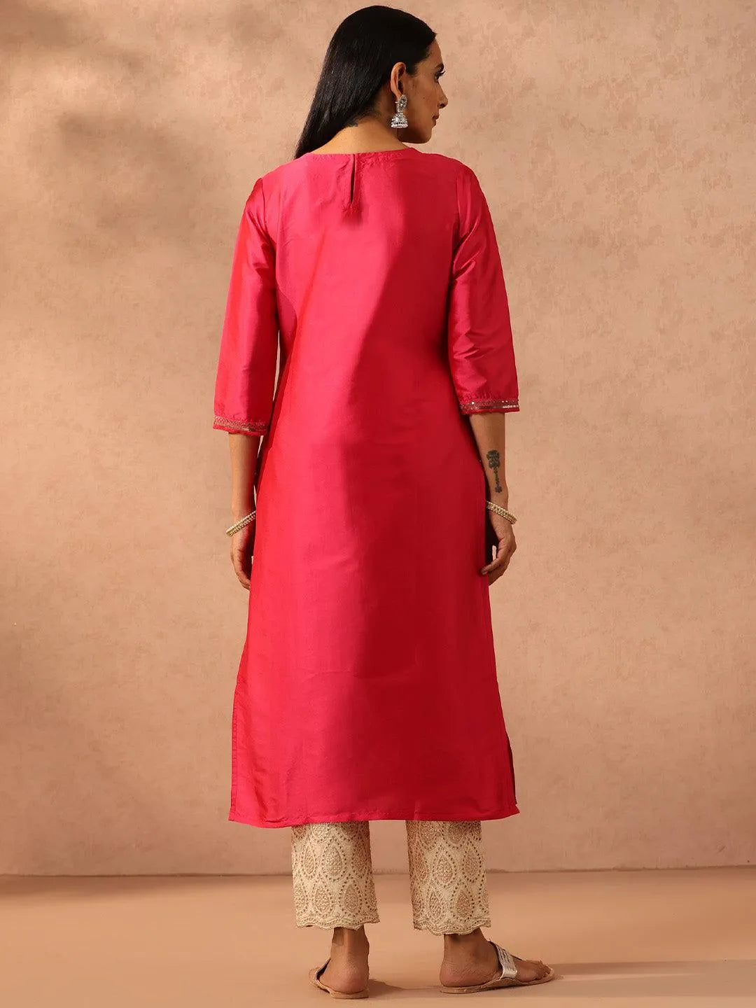 Fuchsia Yoke Design Silk Straight Kurta - Libas