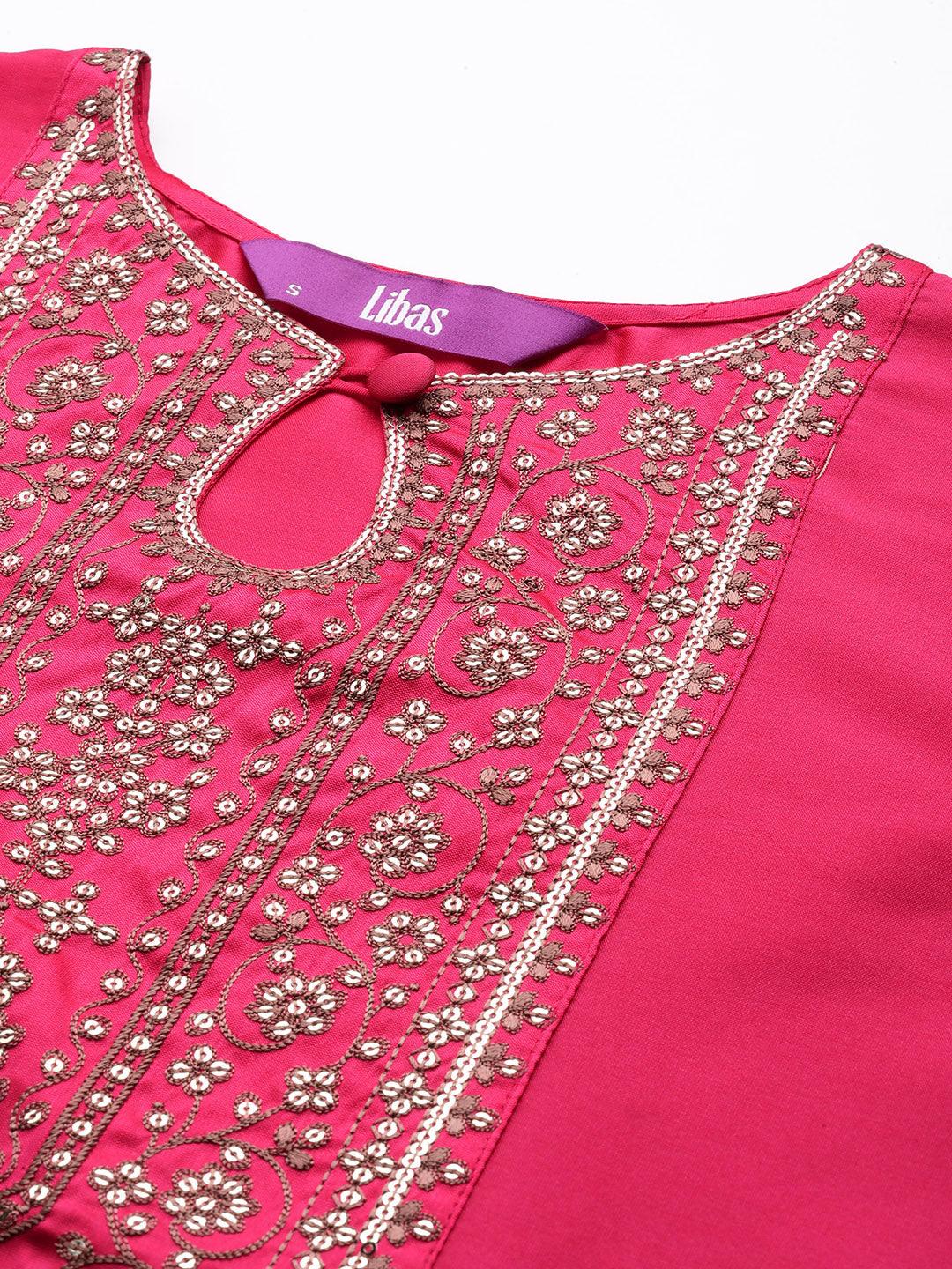 Fuchsia Yoke Design Silk Straight Kurta - Libas