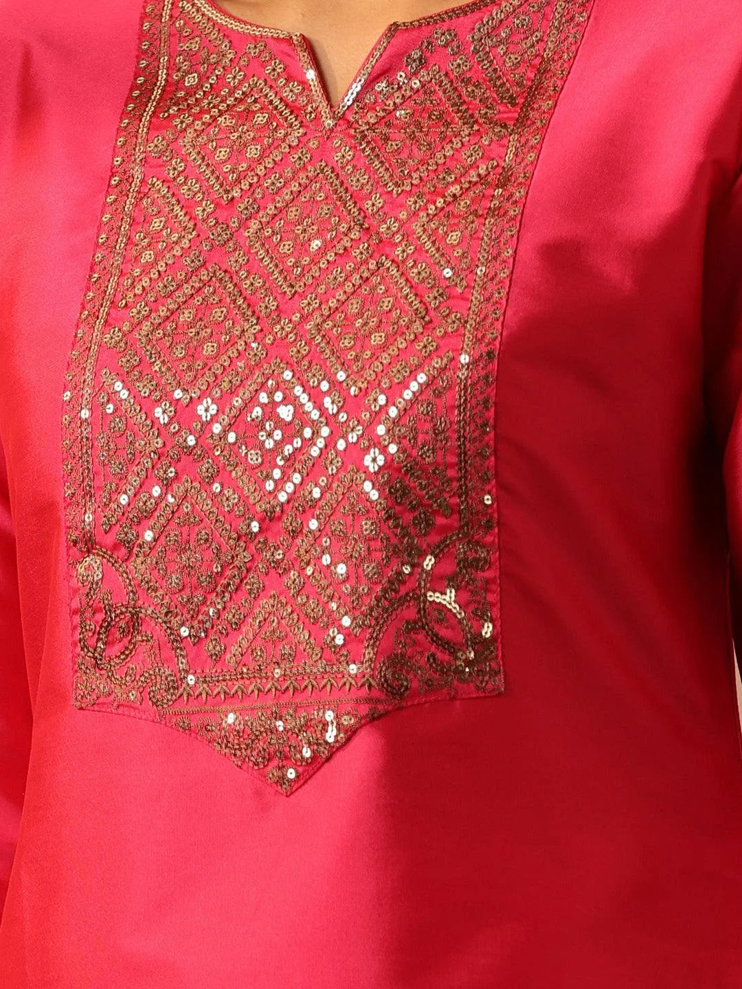 Fuchsia Yoke Design Silk Straight Kurta - Libas