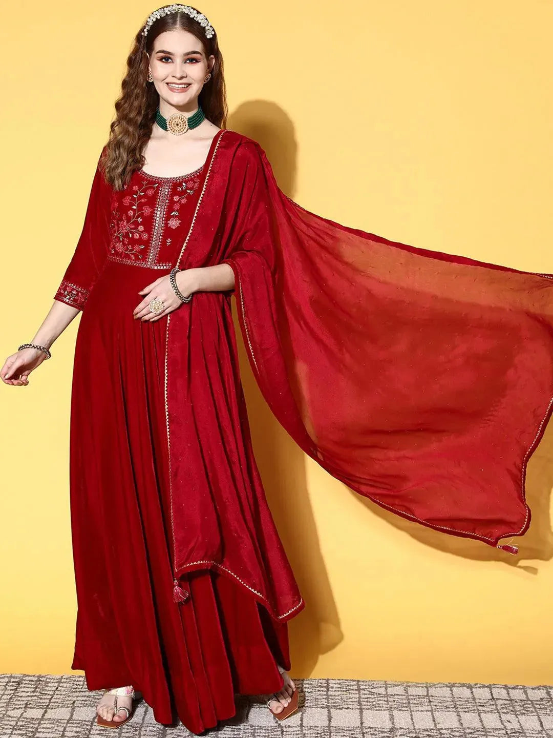 

Fuchsia Yoke Design Velvet Anarkali Kurta With Churidar & Dupatta