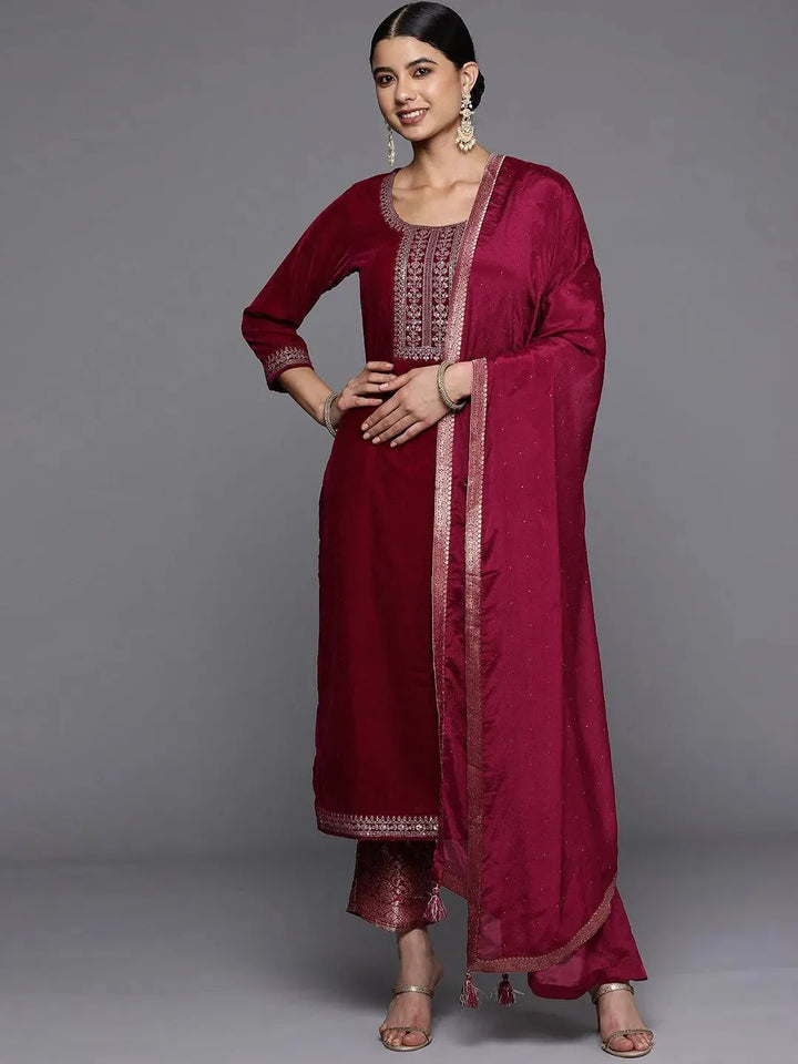 Fuchsia Yoke Design Velvet Straight Suit Set - Libas