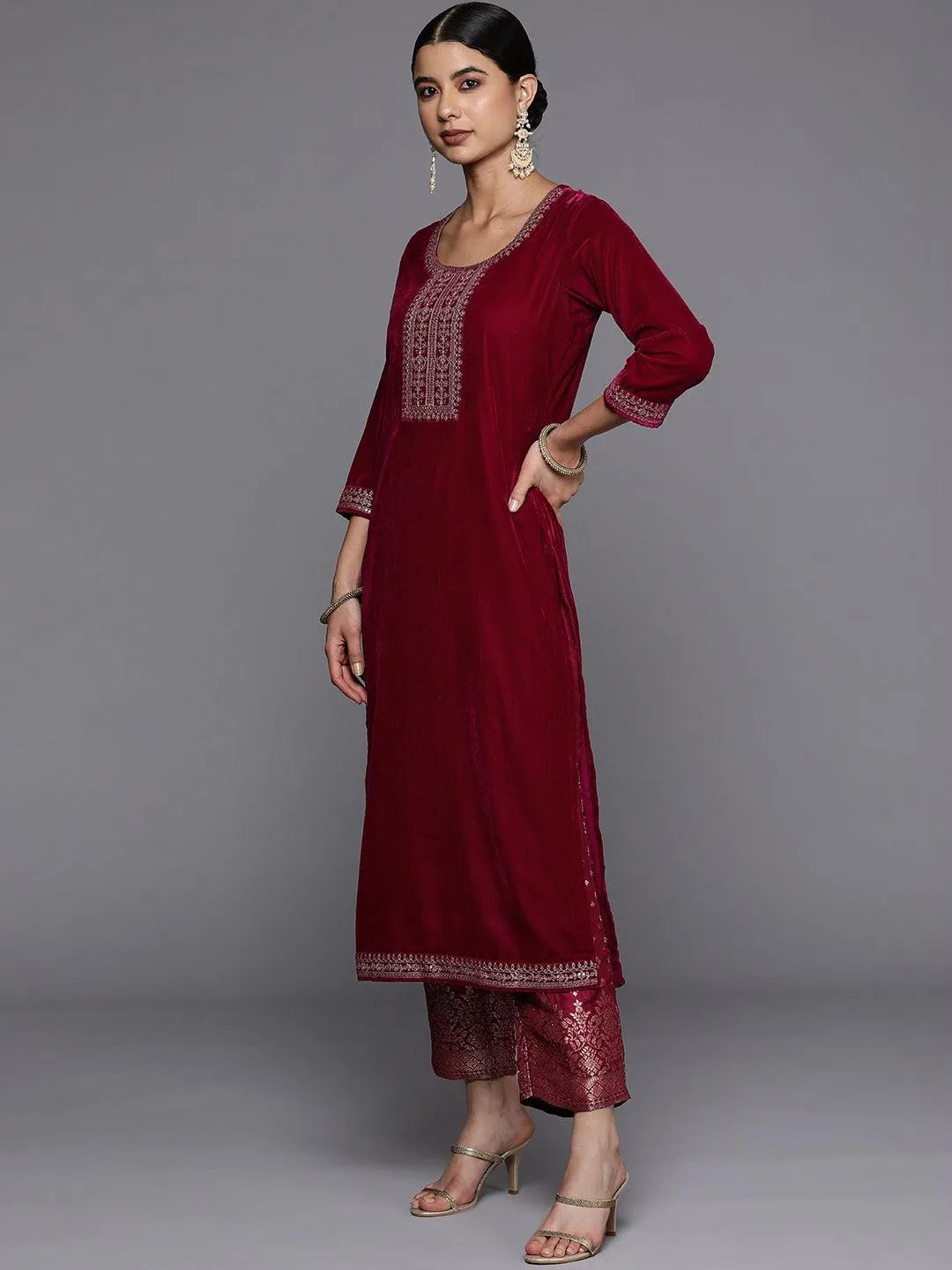 Fuchsia Yoke Design Velvet Straight Suit Set - Libas