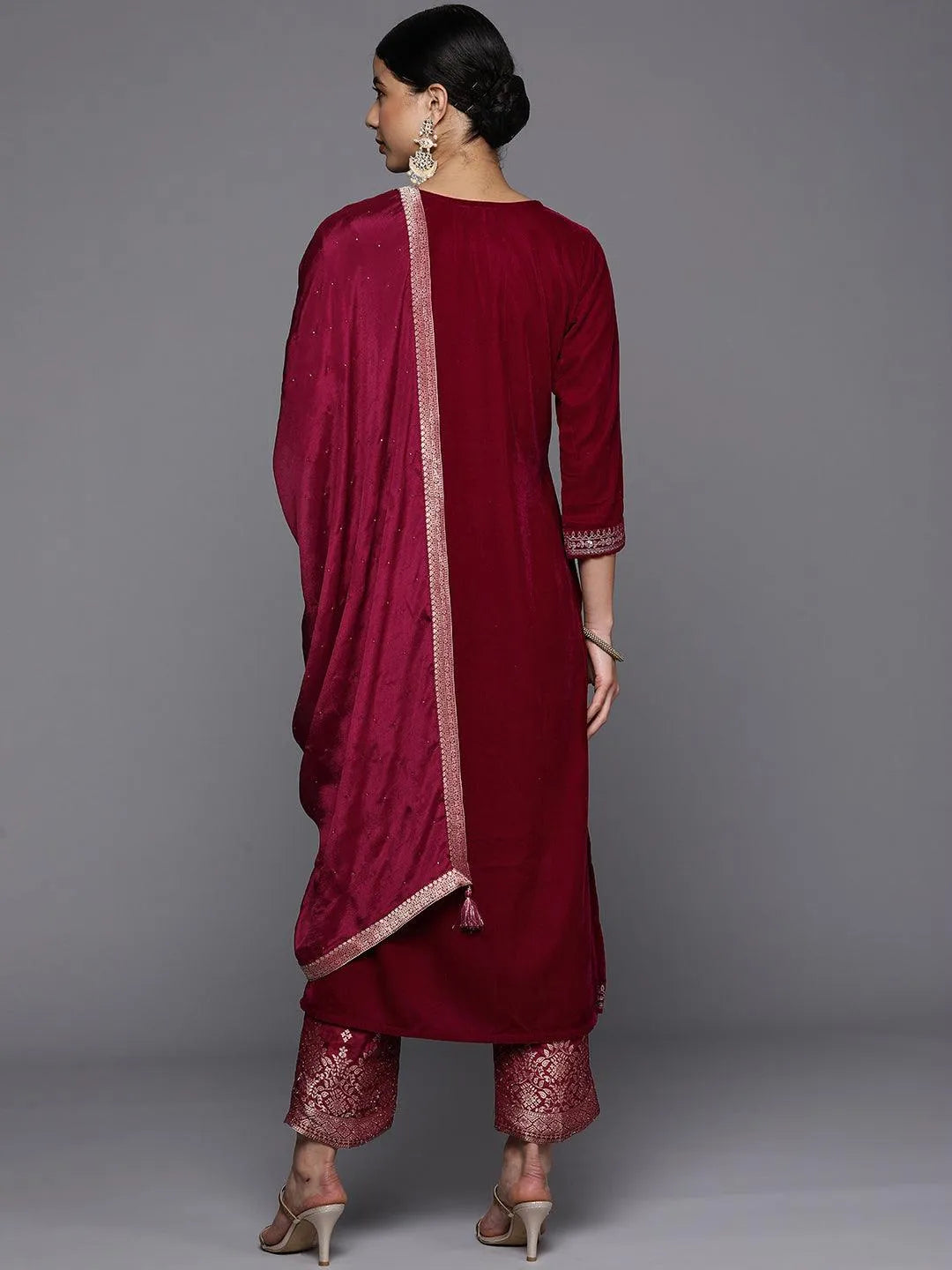 Fuchsia Yoke Design Velvet Straight Suit Set - Libas