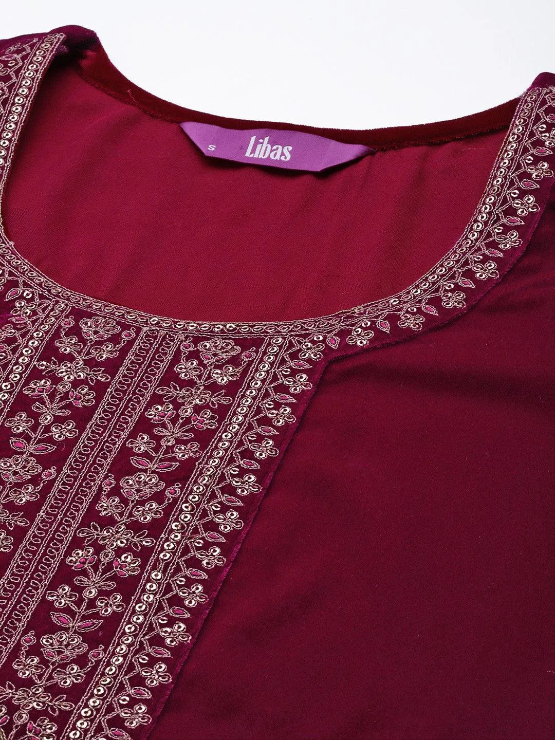 Fuchsia Yoke Design Velvet Straight Suit Set - Libas 