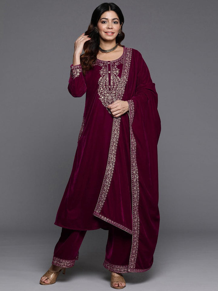 Fuschia Yoke Design Velvet A-Line Kurta With Palazzos & Dupatta - Libas