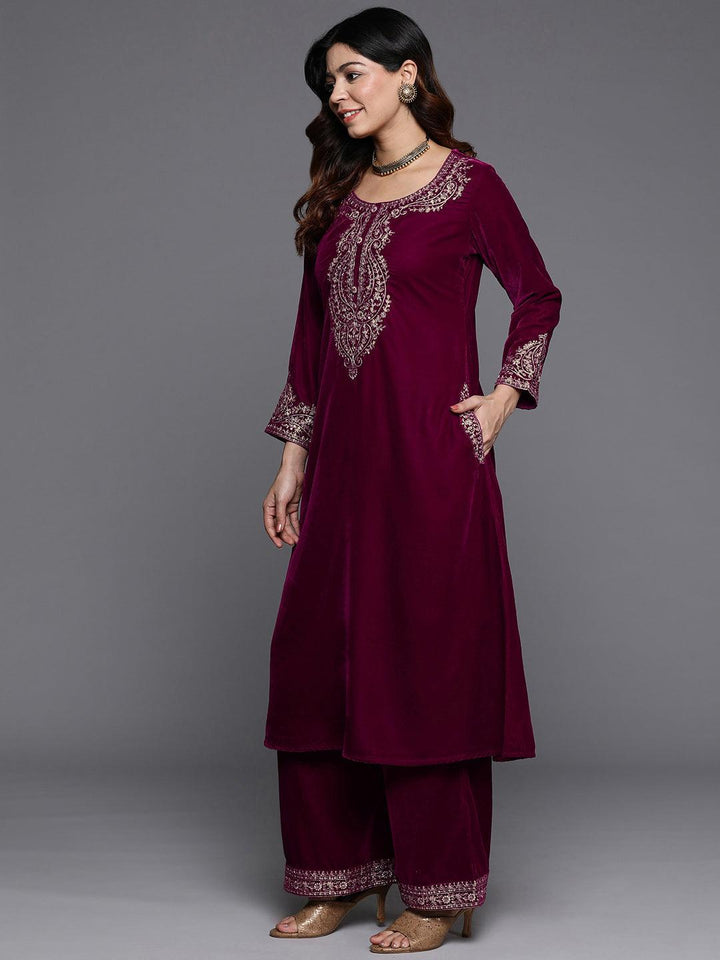 Fuschia Yoke Design Velvet A-Line Kurta With Palazzos & Dupatta - Libas