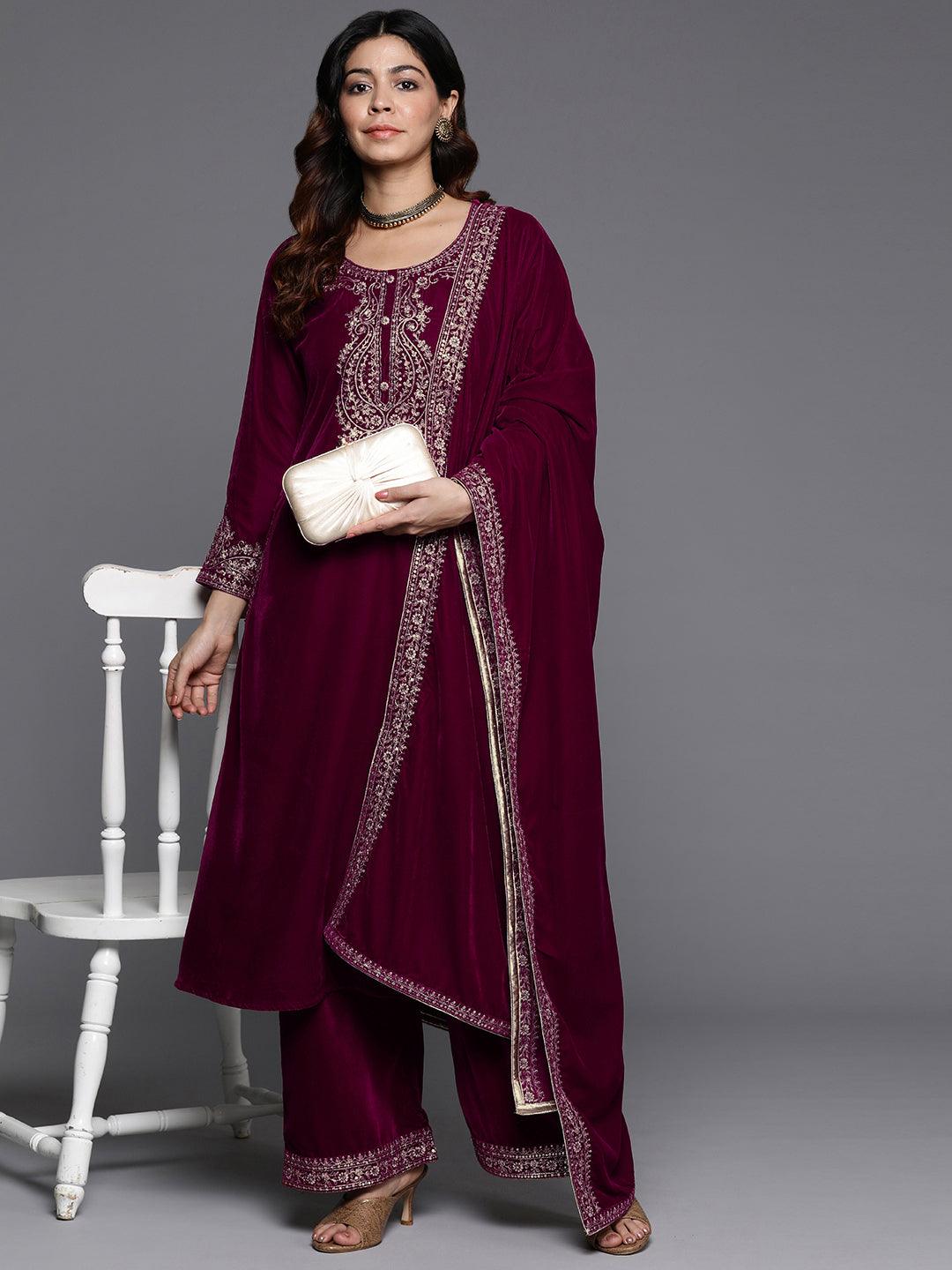 Fuschia Yoke Design Velvet A-Line Kurta With Palazzos & Dupatta - Libas