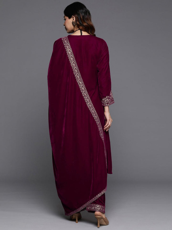 Fuschia Yoke Design Velvet A-Line Kurta With Palazzos & Dupatta - Libas