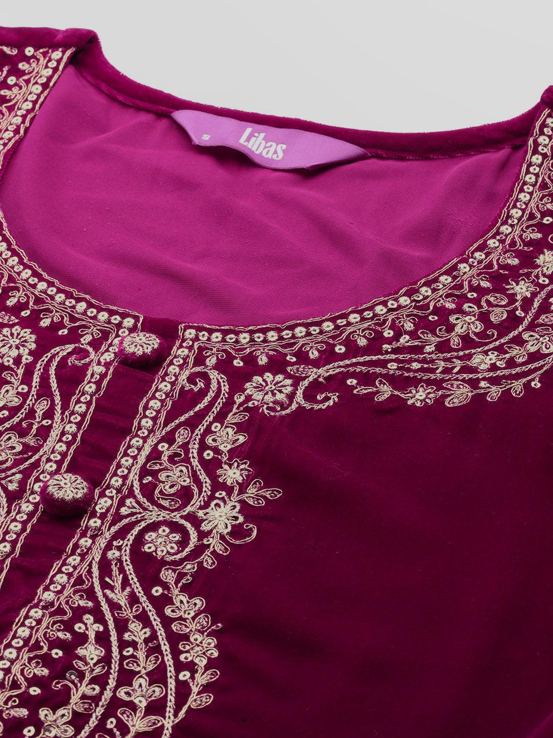 Fuschia Yoke Design Velvet A-Line Kurta With Palazzos & Dupatta - Libas