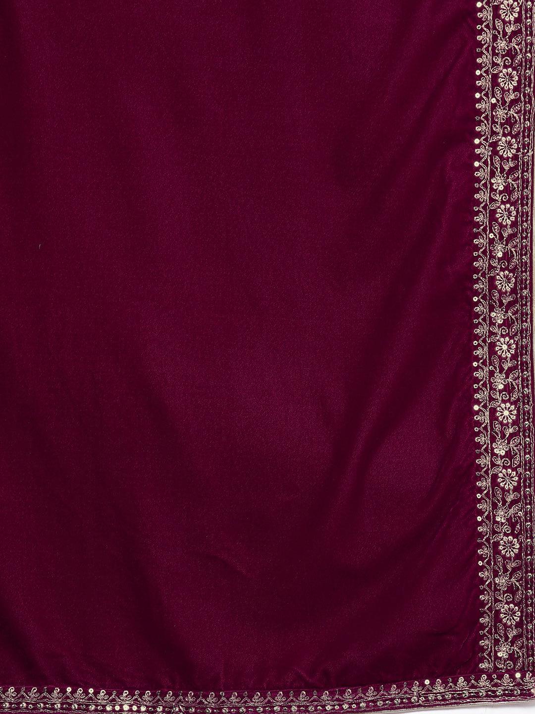 Fuschia Yoke Design Velvet A-Line Kurta With Palazzos & Dupatta - Libas