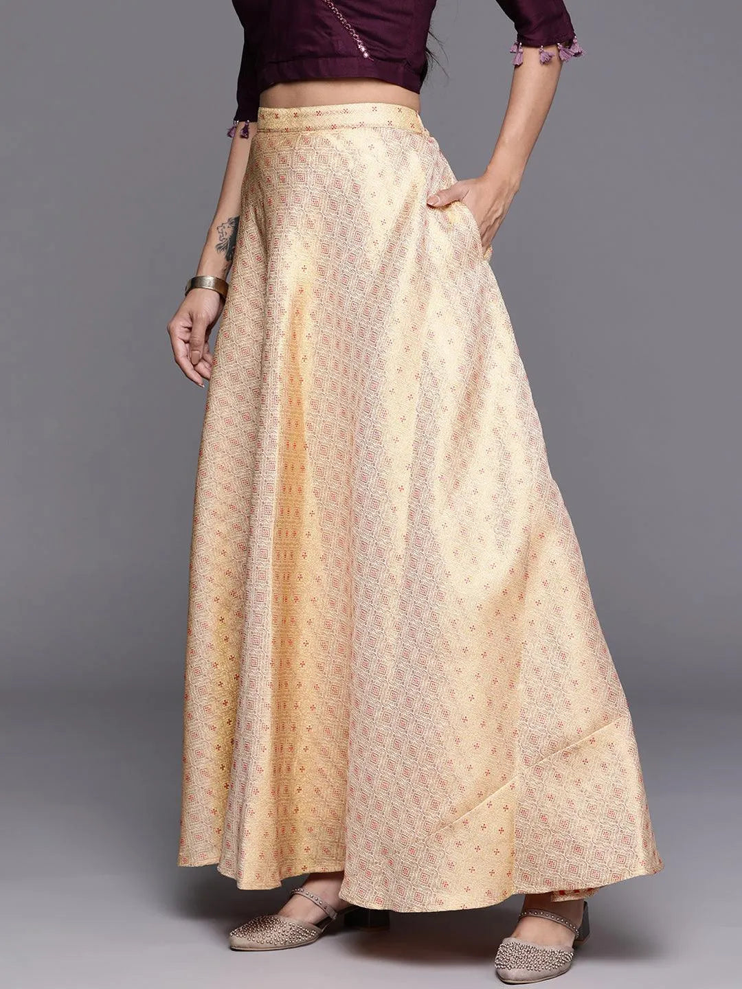 Gold Self Design Jacquard Skirt - Libas 