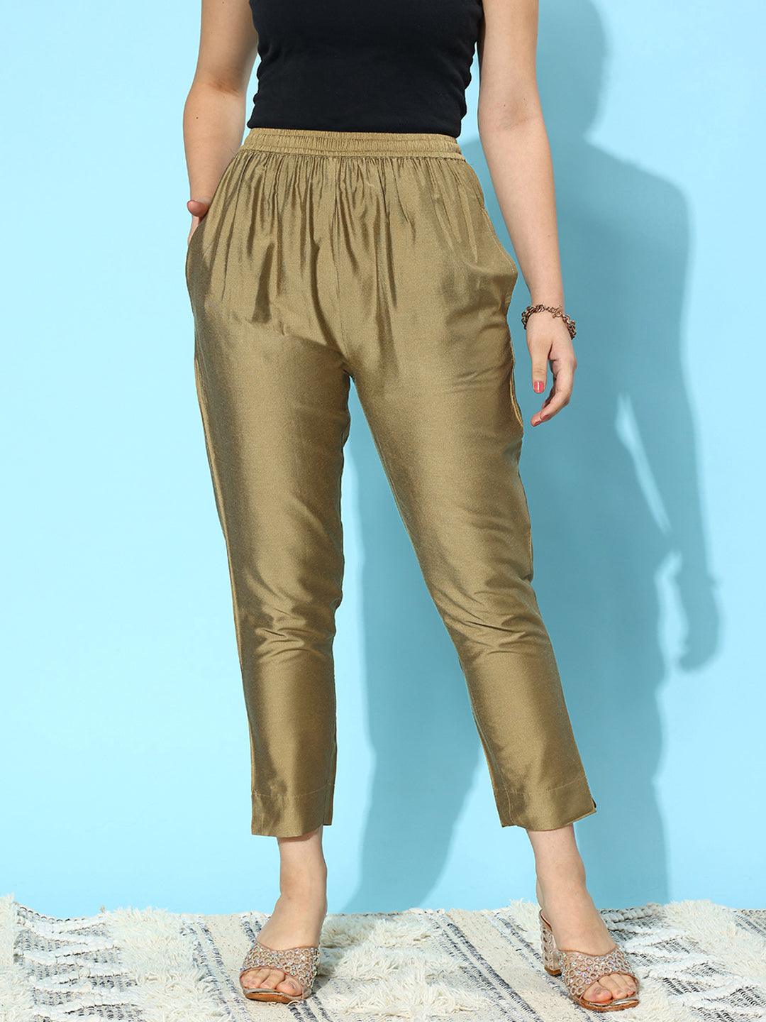 Gold Solid Silk Trousers - Libas